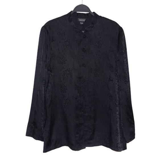 vintage 90s black silk asian mandarin collar frog closure tunic shirt blouse top - Picture 7 of 9